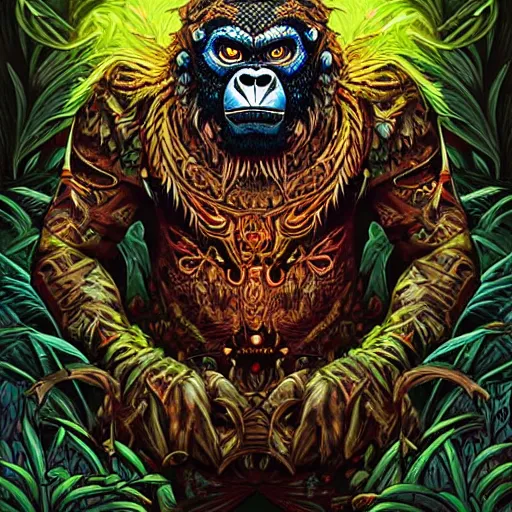 Image similar to barong family member, wiwek, mara demon, one single tribe member, jungle, one single mask, dark, ancient warrior, gorilla, lizard, tribal, inner glow, art by dan mumford and justin gerard