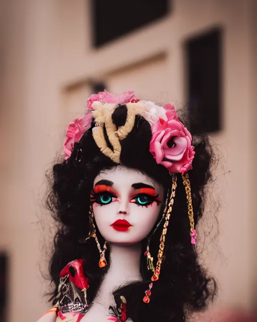 Image similar to high quality presentation photo of a beautiful dollpunk woman, photography 4k, f1.8 anamorphic, bokeh, 4k, Canon, Nikon