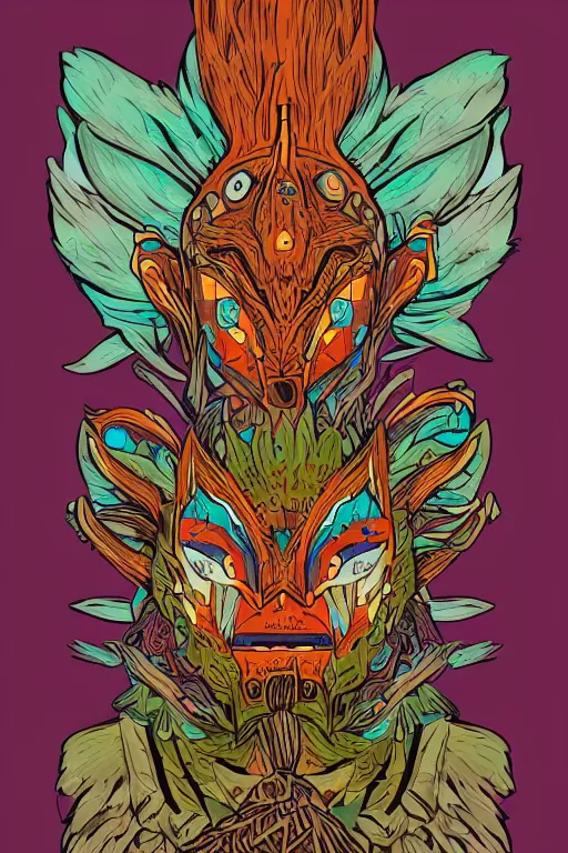 Image similar to animal mask totem roots flower tribal feather gemstone plant wood rock shaman vodoo video game vector cutout illustration vivid multicolor borderlands comics by josan gonzales and dan mumford radiating a glowing aura