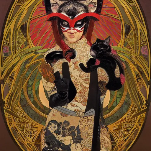 Image similar to cat superhero with kabuki mask, gorgeous, beautiful, intricate, highly detailed, digital painting, artstation, oppressive lighting, concept art, sharp focus, illustration, art by donato giancola and alphonse mucha, background by James Jean and gustav klimt, 4k, volumetric lighting, french nouveau