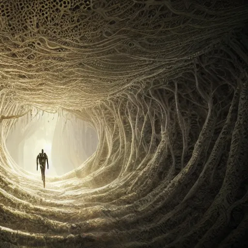 Image similar to biocomputer human organ inside a bio - neural network made like antique lace in a biomechanical cave forest, biocomputer epic environment, matte painting, diffused lighting, highly detailed cinematic, epic atmosphere, diffused lighting, highly detailed digital art, trending on artstation, depth of field, wide angle