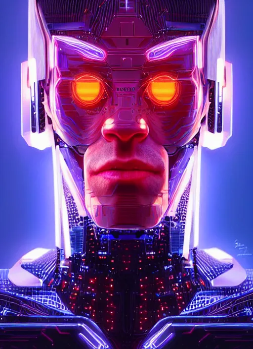 Prompt: portrait of williem dafoe cyber humanoid, intricate, elegant, cyber neon lights, highly detailed, digital painting, artstation, glamor pose, concept art, smooth, sharp focus, illustration, art by artgerm and greg rutkowski