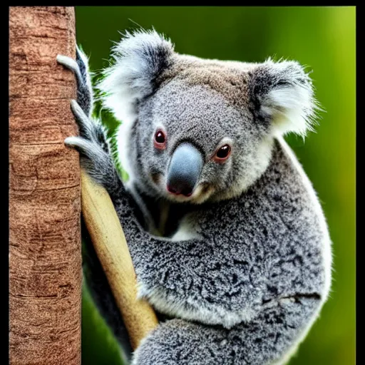 Image similar to award winning nature photograph of a koala with a parrot's beak. weird, extreme detail, hyperrealistic photo, smooth, trending on artstation
