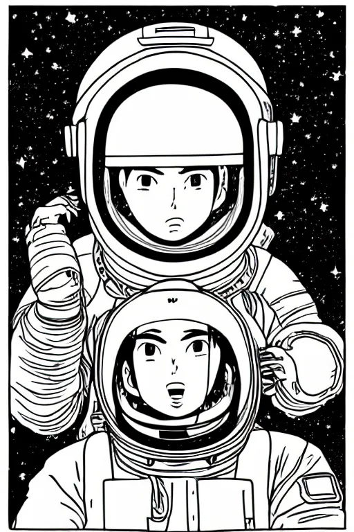 Image similar to manga portrait of a woman wearing a space helmet, akira toriyama, lineart, black and white, scifi, big clouds visible in the background, stars in the sky, high contrast, deep black tones