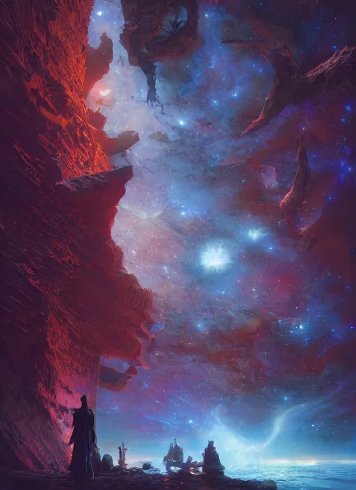 Image similar to out in the dark, among the stars, the god is dead by barclay shaw, andreas rochas, james jean, craig mullins and joe jusko, 8 k, intricate details, illustration, dynamic lighting, unreal engine, featured on artstation, soft glow.