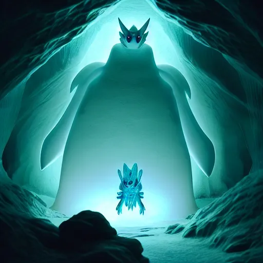 Prompt: ( ghost pokemon ) creature creature in a alaska cave, bioluminescent bioluminescent translucent translucent : : by michal karcz, daniel merriam, victo ngai and guillermo del toro : : ornate, dynamic, particulate, intricate, elegant, highly detailed, centered, artstation, smooth, sharp focus, octane render, 3 d