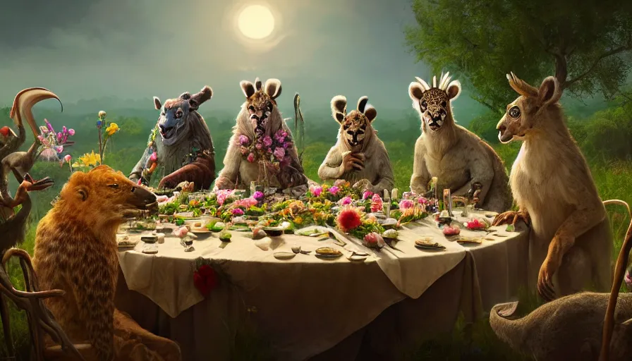 Image similar to a table dinner of exotic animals where animals are dressed like the characters from the midsommar movie wearing flowers, realistic detailed digital art by maxwell boas jessica rossier christian dimitrov anton fadeev trending on artstation cgsociety rendered in unreal engine 4 k hq