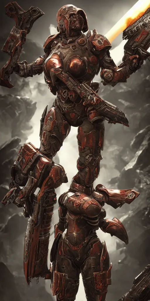 Image similar to female doom slayer extreme details epic dramatic realistic unreal engine render