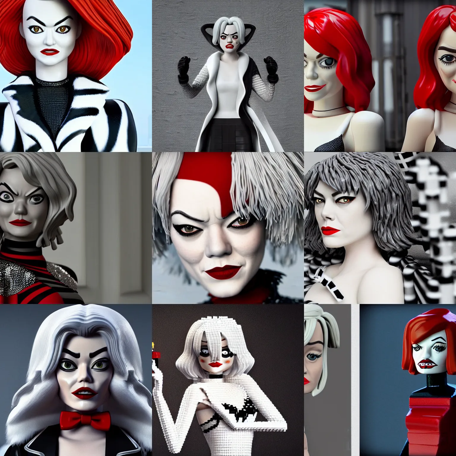 Prompt: Emma Stone as Cruella made of Lego, hyper realistic photo, octane render, highly detailed, unreal engine