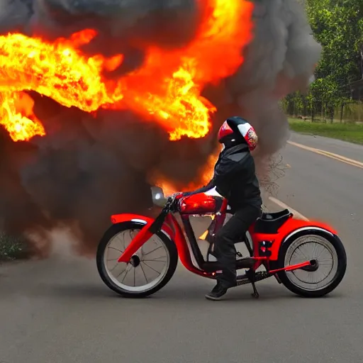 Prompt: a man with a burning skull head riding a flaming motercycle