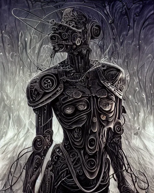 Image similar to cyborg black metal singer, by antonio j. manzanedo, giger, alex grey, android jones, wayne barlowe, philippe druillet, raymond swanland, cyril rolando, josephine wall, harumi hironaka, trending on artstation