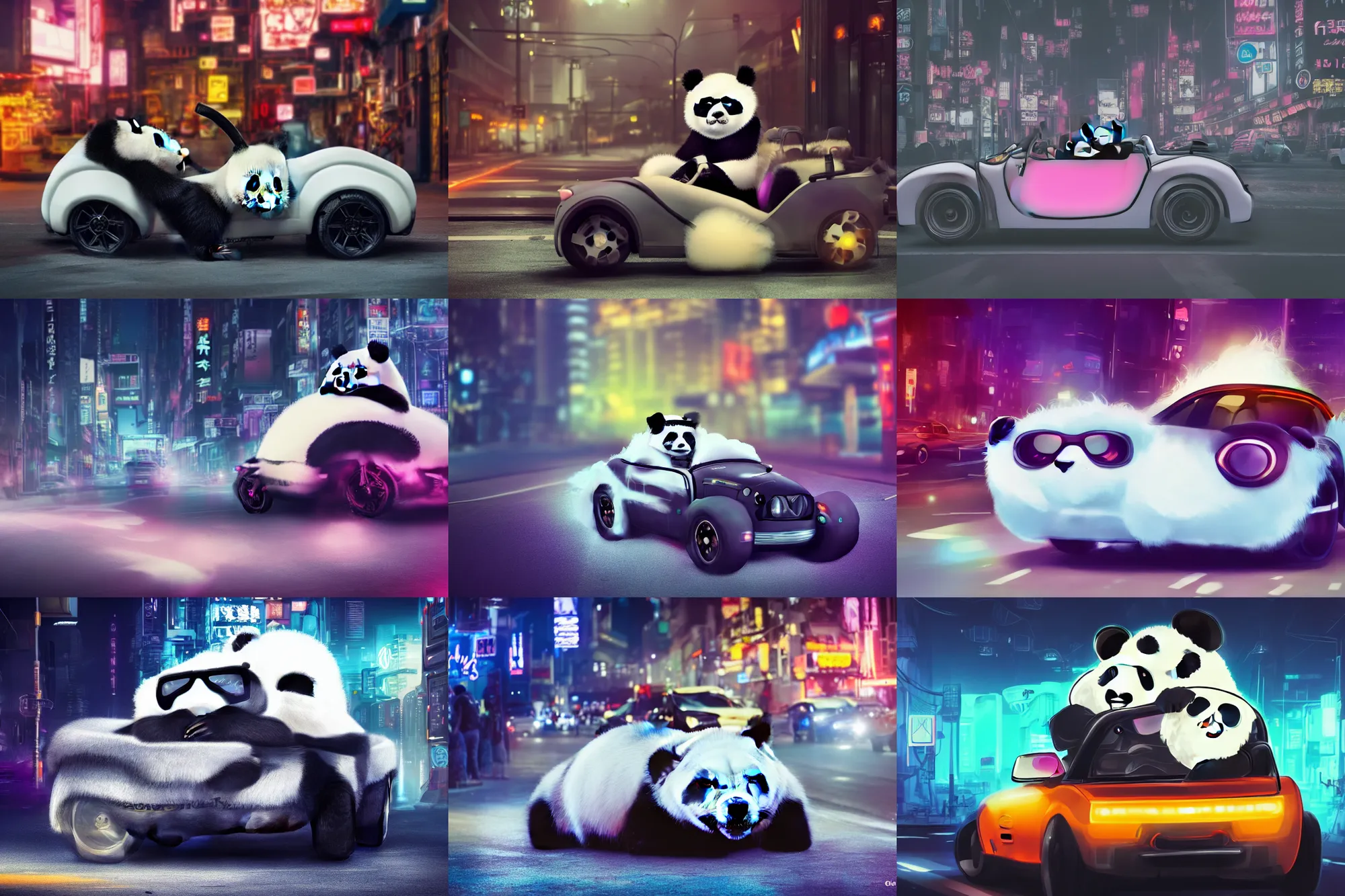 Prompt: a panda wearing sunglasses, driving a fluffy roadster covered with white fur and in the style of a panda in the street, Cyberpunk, neon light, 4k, hd, highly detailed