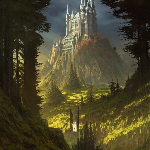 Prompt: light oil painting of tolkien inspired high castle with wizard towers and walls, elegant architecture on top of a green forest, artstation art by greg rutkowski and alphonse mucha