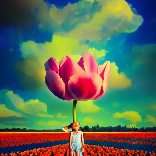 Image similar to girl with a giant tulip head, surreal photography, flower field, sunset dramatic light, impressionist painting, colorful clouds, blue sky, digital painting, artstation, simon stalenhag