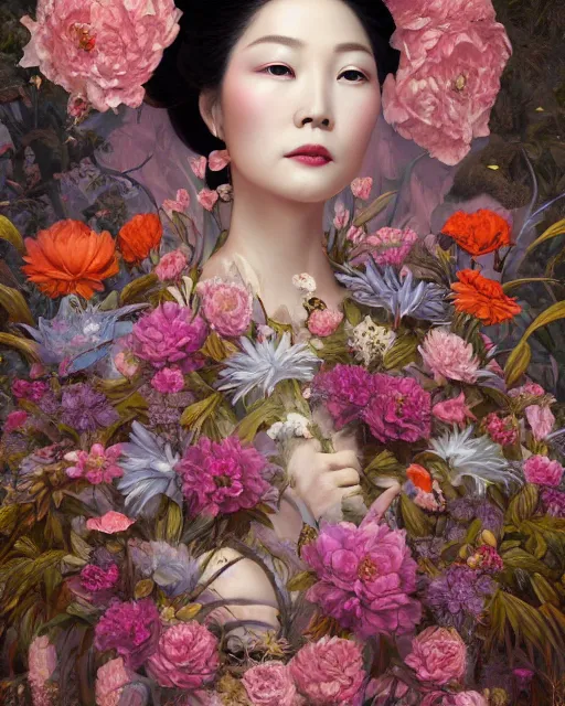 Image similar to portrait of the chinese queen of the underworld, surrounded by flowers by karol bak, james jean, tom bagshaw, rococo, sharp focus, trending on artstation, cinematic lighting, hyper realism, octane render, 8 k, hyper detailed.