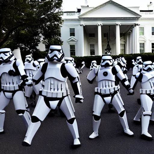 Image similar to a still candid image of hundreds of stormtropers rioting in front of a the white house in washington.!!!, dusk, fire, smoke, kayos, flames