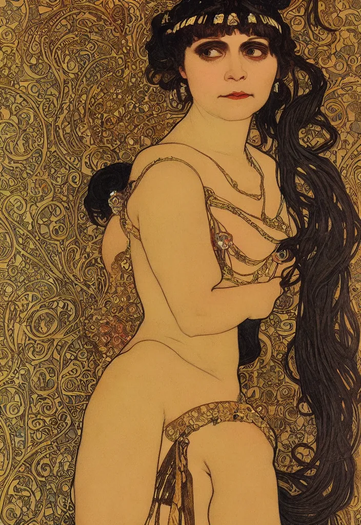 Image similar to realistic detailed Art Nouveau lithograph full-face portrait of Theda Bara as Cleopatra in an elaborate costume by Alphonse Mucha and Gustav Klimt