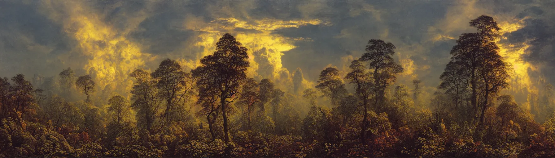 Prompt: luminous strato cumulonimbus clouds approach over background clifs towards a massive misty forest at sunset, very detailed, in the style of ernst haeckel paul lehr and john atkinson grimshaw