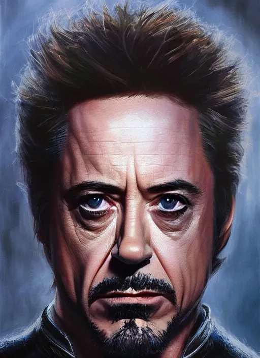 Image similar to robert downey jr. as evil saurman the white, by alan lee, lord of the rings, smooth, oil painting, matte painting, concept art, trending on artstation, promotional artwork, film still, elegant, photorealistic facial features, intricate, detailed face, cinematic lighting