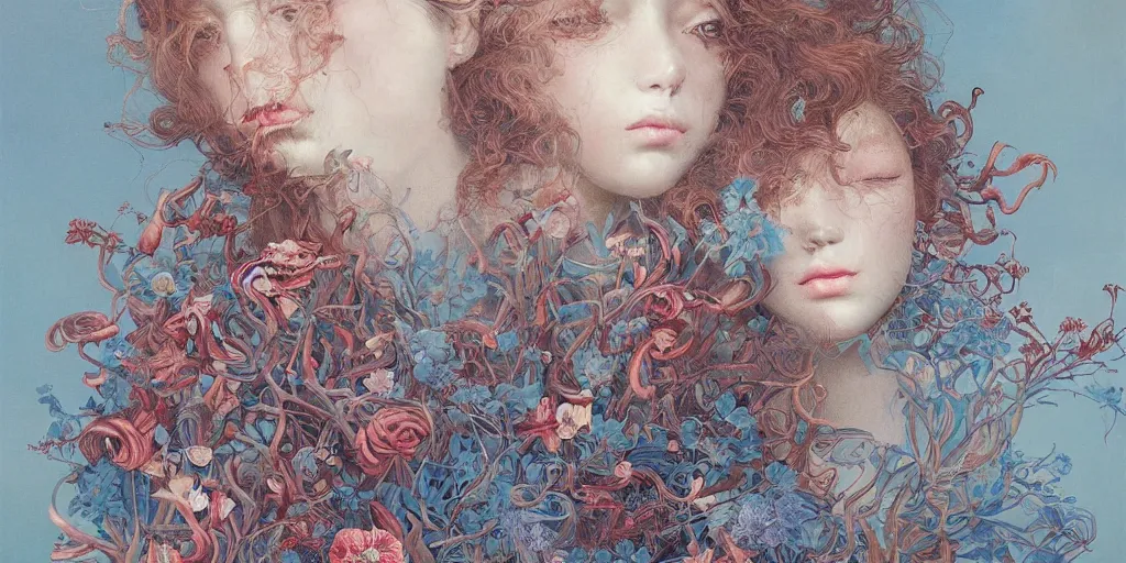 Prompt: breathtaking detailed concept art painting blend of few red curly hair goddesses of light blue flowers by hsiao - ron cheng with anxious piercing eyes, vintage illustration pattern with bizarre compositions blend of flowers and fruits and birds by beto val and john james audubon, exquisite detail, extremely moody lighting, 8 k