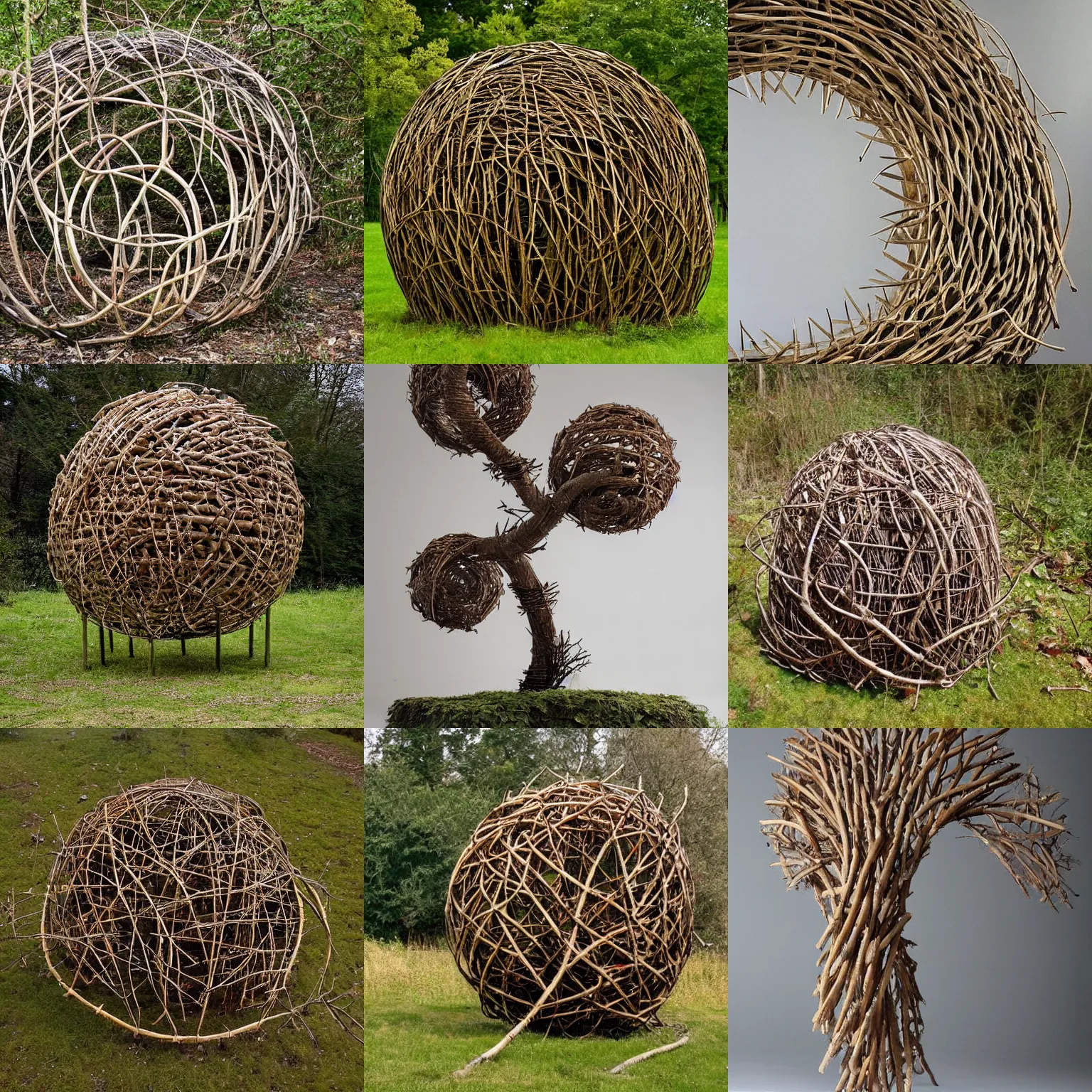 Prompt: an environment art sculpture by Nils-Udo, leaves twigs wood, nature, natural, round form, leaves woven into structure