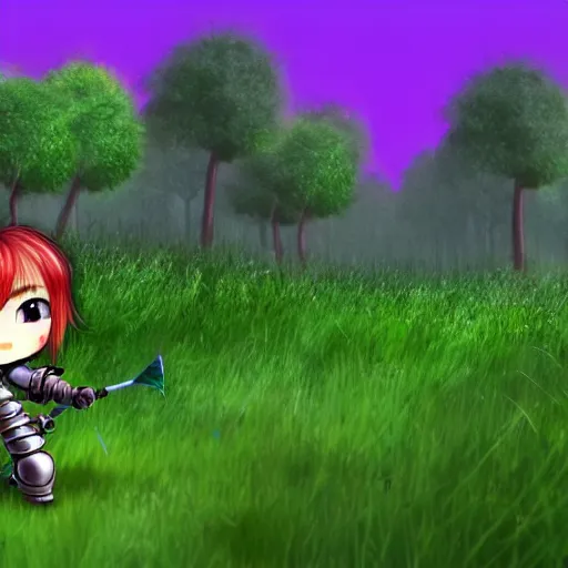 Image similar to render of a chibi knight standing a poison forest, poison is purple clouds among green trees, third person game screenshot 2 0 1 1, ps 3