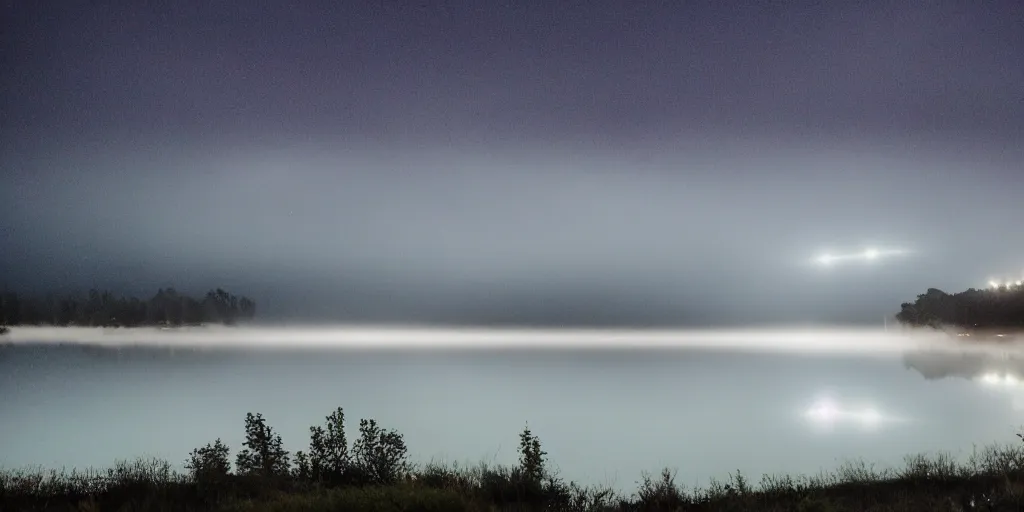 Image similar to empty lake at night, there is fog glazing over the water. it is raining, with lightning strikes.