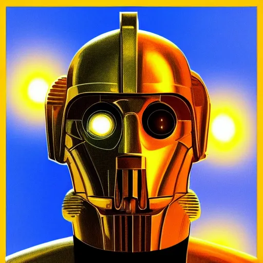 Image similar to portrait of c 3 p 0, blue and yellow glowing lights, highly detailed, digital painting, artstation, smooth, sharp focus