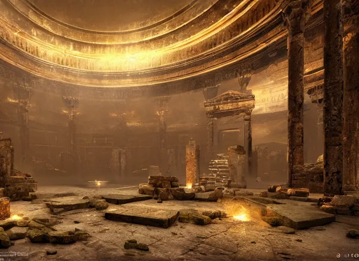 Prompt: Dark roman temple interior interior ruins, massive scale, glowing wall torches, photo real, concept art, piles of gold and riches, golden scarab, golden ratio, overgrown with vines, ruins, volumetric lighting, levels, ledges, adventure movies, the mummy, Raiders of the Lost Ark, Tomb Raider, trending in Artstation, Craig Mullins, Unreal Engine, Megascans