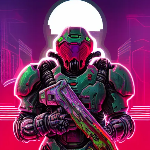 Prompt: doom slayer, synthwave, retrowave, hyper realism, detailed, colorful background, digital painting