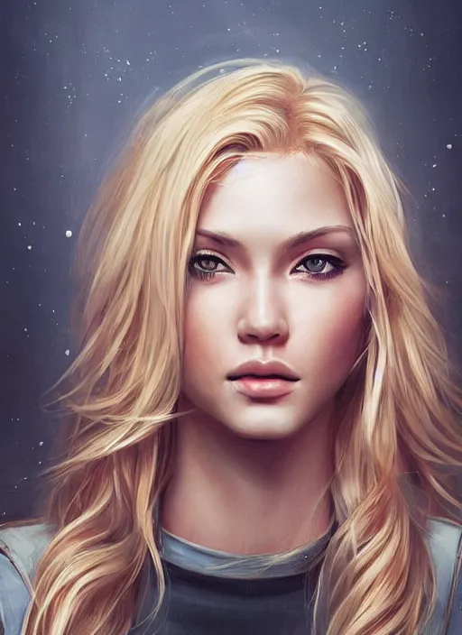 Image similar to image of a gorgeous female with long blonde hair in the style of stefan kostic, realistic, full body shot, wide angle, sharp focus, 8 k high definition, insanely detailed, intricate, elegant, art by stanley lau and artgerm, floating embers