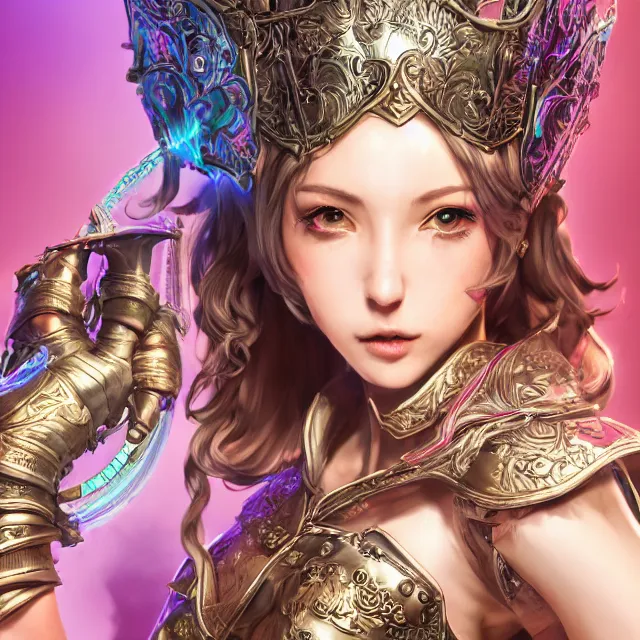 Image similar to studio portrait of lawful good colorful female holy knight paladin as absurdly beautiful, elegant, young sensual gravure idol, ultrafine hyperrealistic detailed face illustration by kim jung gi, irakli nadar, intricate linework, sharp focus, bright colors, matte, octopath traveler, final fantasy, unreal engine highly rendered, global illumination, radiant light, intricate environment