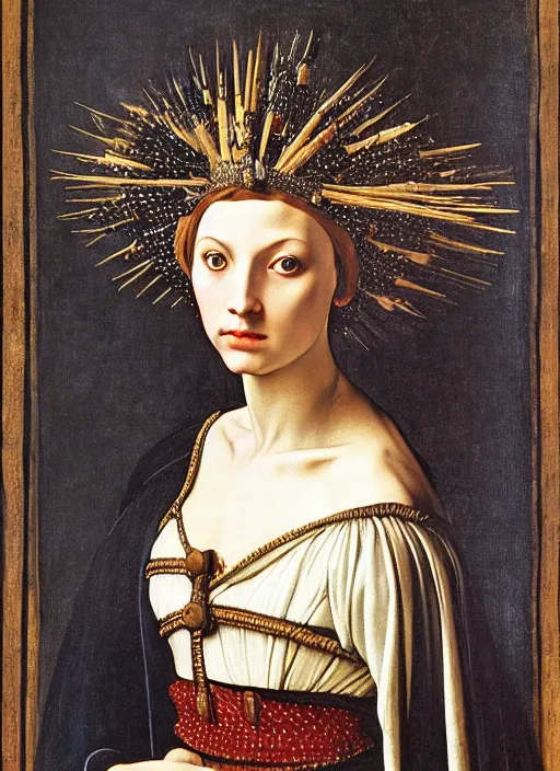 Image similar to portrait of young woman in medieval dress and medieval headdress, blue eyes and blond hair, style by the caravaggio