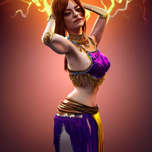 Prompt: full body portrait of emma stone, she is dressed as a belly dancer,, arabian night, in focus sharp face with fine details, a human hand in a video game, volumetric lightening, octane render, high quality, fully detailed, 4 k, alphonse mucha, masterpiece, stunning