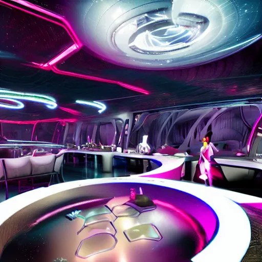 Prompt: futuristic dance club, jenna haze dancing on my table, interior futuristic restaurant at the end of the universe, great view, retro spaceships parked outside, styled by music, hyper - sonic, hyper - realistic, hyper - detailed, 8 k, octane rendered, epic composition, 8 k