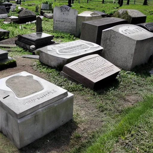Prompt: sunken and broken headstones from the 1 8 0 0 s in a modern day park