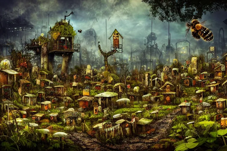 Prompt: elegance, favela graveyard honeybee hive, fungal forest environment, industrial factory, cheerful, award winning art, epic dreamlike fantasy landscape, ultra realistic,