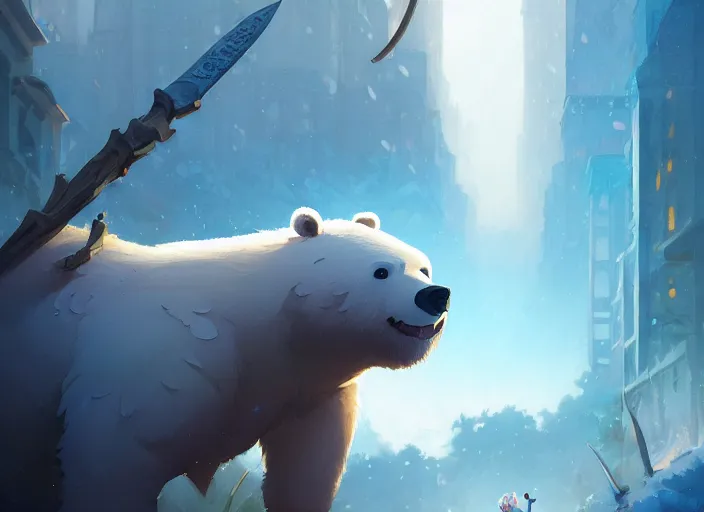 Image similar to highly detailed portrait of ice bear with axe, rampaging through san fransisco, art by greg rutkowski, loish, rhads, ferdinand knab, makoto shinkai and lois van baarle, ilya kuvshinov, rossdraws, tom bagshaw, global illumination, radiant light, detailed and intricate environment