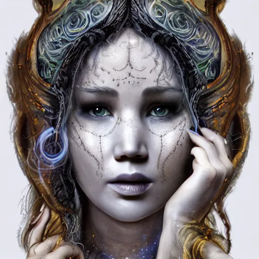 Image similar to a wlop 3 d render of very very very very highly detailed beautiful mystic portrait of a phantom cthulu priestess jennifer lawrence with whirling galaxy around, tattoos by anton pieck, intricate, extremely detailed, digital painting, artstation, concept art, smooth, sharp focus, illustration, intimidating lighting, incredible art,