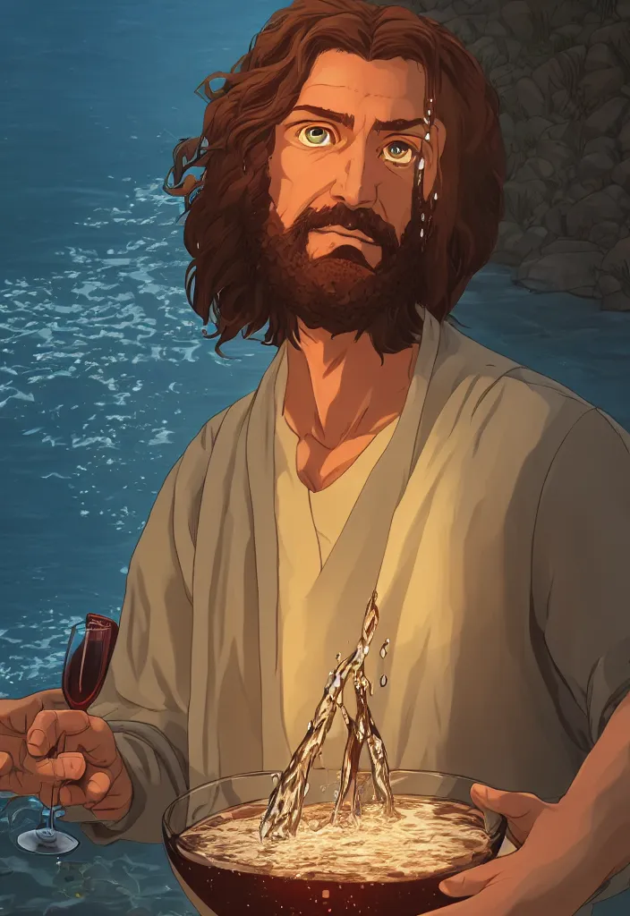 Prompt: a portrait of jesus turning water in wine by dan mumford, yusuke murata and makoto shinkai, 8k, cel shaded, unreal engine, featured on artstation, pixiv