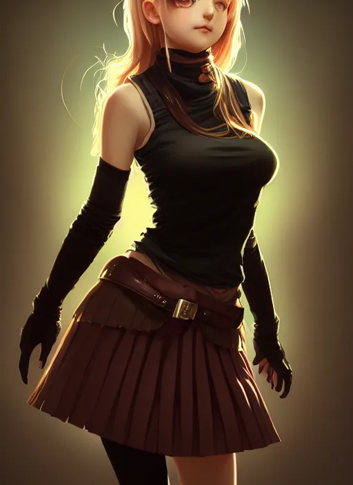 Image similar to portrait of a full body of beautiful young female detective, d & d, sleeveless turtleneck, pleated skirt, fantasy, flat lighting, intricate, highly detailed, digital painting, artstation, concept art, smooth, sharp focus, illustration, misa amane, art by simon bisley and greg rutkowski and alphonse mucha, natural tpose