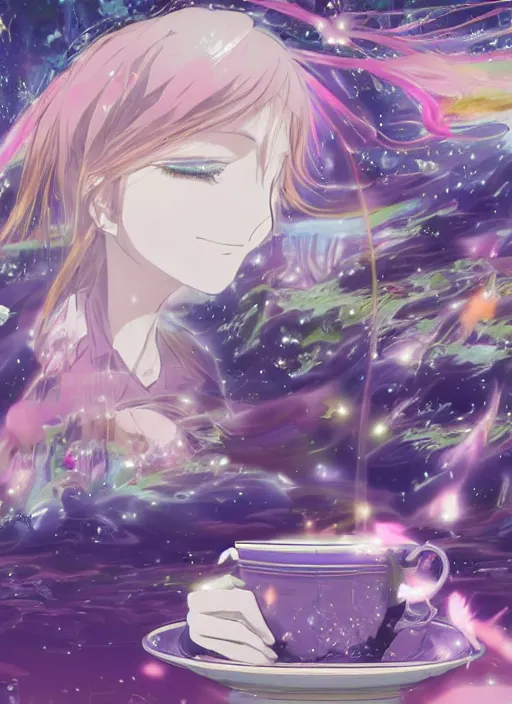 Image similar to surreal dreamscape anime key visual wild and lugubrious waif sipping tea in a place beyond time, incomprehensible scenery, wild frenetic dreamscape it's just STUPID how vivid and pleasing it looks, SERIOUSLY, WHAT, EXPLOSION NOISY GLITCHY NOISY WILD ABSTRACT NOISE GLITCH FIRE HYPER CONCENTRIC RINGS anime key visual protagonist large dreamy anime eyes glitterbarf glitterbarf glitterbarf SO MUCH 90s anime protagonist