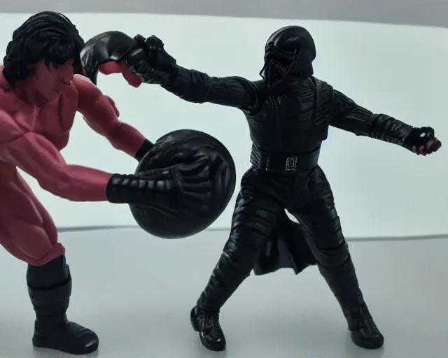 Image similar to kylo ren wrestling adam driver, death star gym, poorly lit, black reflective plastic everywhere, cdx