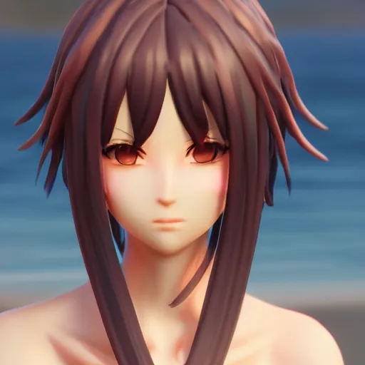 Image similar to concept art of a 3d Ryougi Shiki, full round face, golden hour, serene beach setting, medium shot, mid-shot, highly detailed, trending on Artstation, Unreal Engine 4k