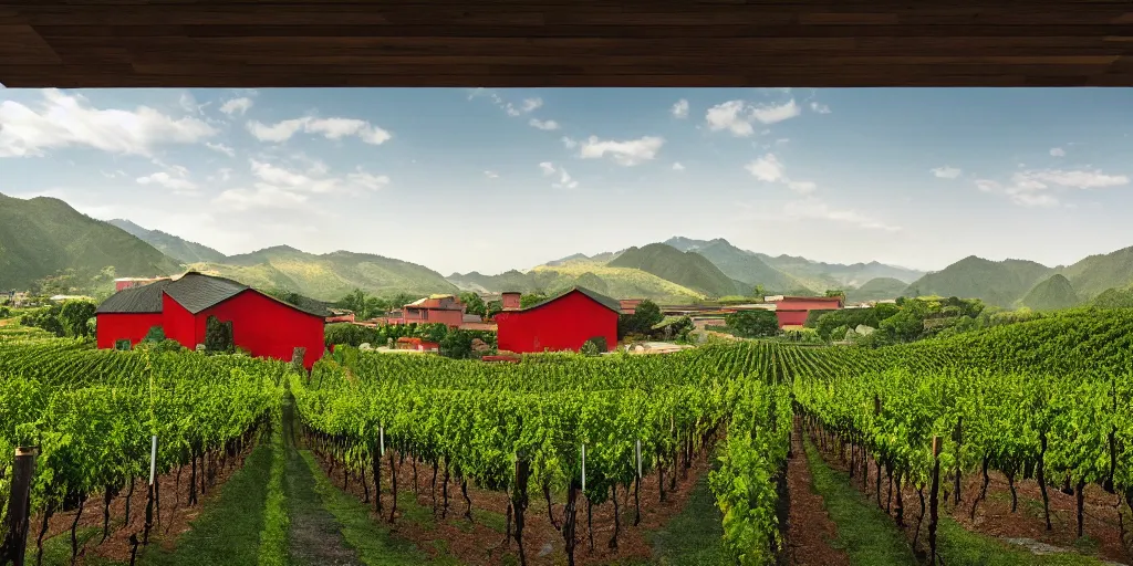 Image similar to A ink painting winery with red walls and a green roof. The vineyards are sprawling and green, with a river winding through them. In the distance, there are mountains. by zhang zeduan, mi fu, painting on silk, immaculate scale, hyper-realistic, Unreal Engine, Octane Render, digital art, trending on Artstation, 8k, detailed, atmospheric, immaculate