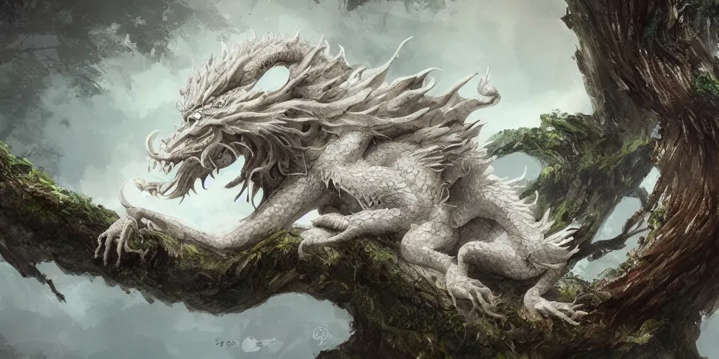 Prompt: a white chinese dragon lie on a old tree by yang qi 9 1 7, 4 k, matte paint, concept art, sharp detail, artstation