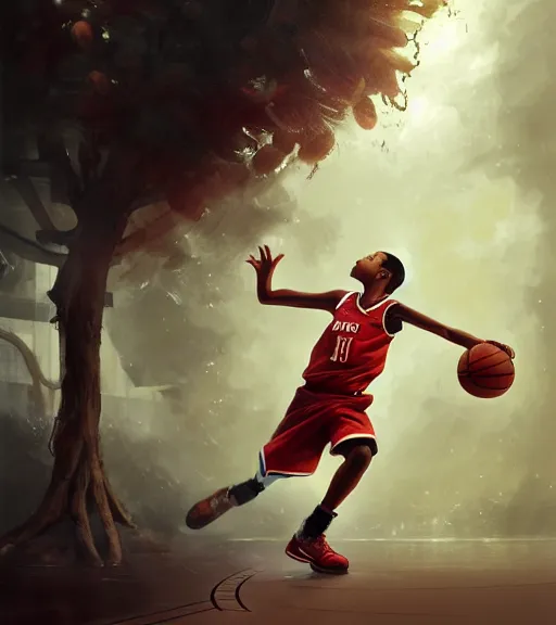 Image similar to portrait of a boy at a basketball court playing basketball wearing a basketball uniform in a basketball court, intense emotion, detailed surroundings, intricate, elegant, highly detailed, centered, digital painting, artstation, concept art, smooth, sharp focus, illustration, by Peter Mohrbacher, WLOP