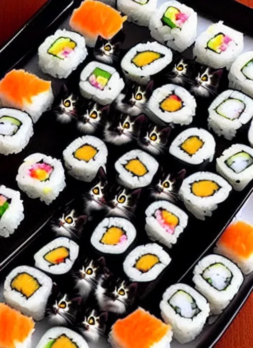 Image similar to clear photorealistic picture of adorable cats made out of sushi