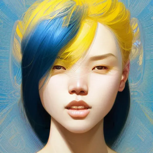 Image similar to filipino girl blue - yellow hair nasal strip, intricate, elegant, highly detailed, my rendition, digital painting, artstation, concept art, smooth, sharp focus, illustration, art by artgerm and greg rutkowski and alphonse mucha and uang guangjian and gil elvgren and sachin teng, symmetry!!