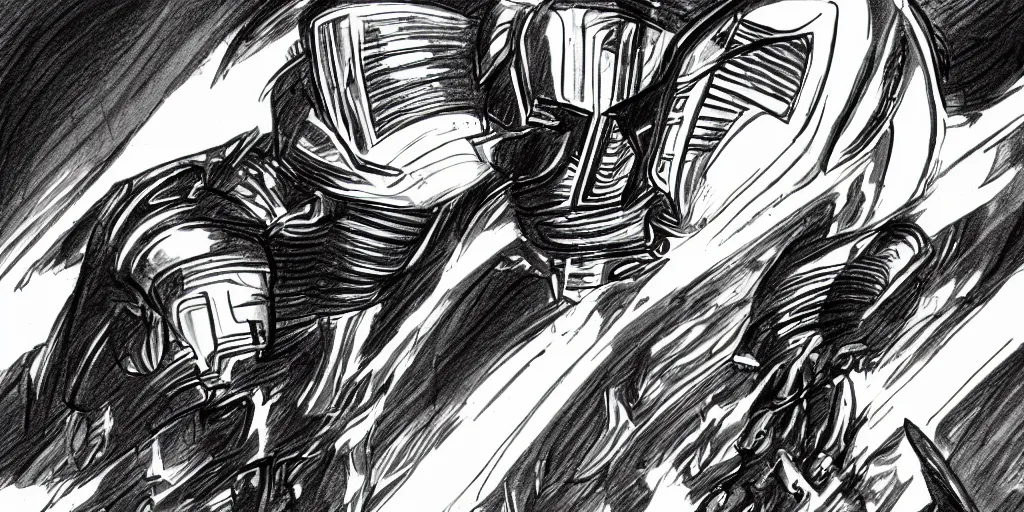 Image similar to pencil sketch storyboard, a man wearing futuristic sleek gauntlets, chest piece and helmet powers up as pulsing lines of energy swirl around him